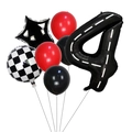 Set compleanno corse con palloncino nero numero 4 e cerchi con motivo bandiera a scacchi - Stile Numero 4