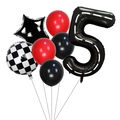 Set palloncini compleanno corsa con numero 5 nero e motivi bandiera a scacchi - Stile Numero 5