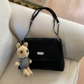 Sac bandoulière noir en suédine avec chaîne argentée et breloque lapin en peluche - Sans Pendentif / Noir