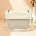 Minimalist beige crossbody saddle bag with wide fabric strap and silver hardware buckle - Off-white