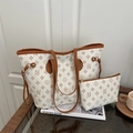 White monogram tote bag and pouch set with brown leather trim and shoulder strap - White