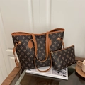 Deep brown monogram tote and clutch bag set with camel leather handles and gold hardware - Brown