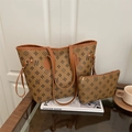 Classic brown monogram tote bag set with matching small pouch and slim shoulder straps - Brown