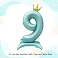 Ballon chiffre 9 bleu 42 pouces avec couronne dorée et socle pour décoration d'anniversaire - 42 Pouces Base Couronne Chiffre Bleu 9 (Vrac)