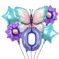 Détail du kit de ballons papillon violet fleur et chiffre 0 avec fini métallique - Numéro 0