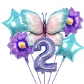 Kit ballons papillon violet et fleurs avec chiffre 2 pour décor de fête d'anniversaire - Numéro 2