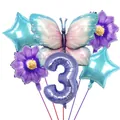 Détail du lot de 6 ballons papillon et fleurs violettes numéro 3 pour anniversaire - Numéro 3