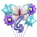Kit ballons papillon et fleurs violettes avec chiffre quatre pour anniversaire - Numéro 4