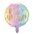 Round macaron gradient aluminum foil balloon with golden Happy Birthday lettering - 18-inch Gradient Happy Birthday Round Balloon