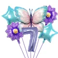 Kit ballon chiffre 7 violet avec grand papillon dégradé et fleurs en aluminium - Numéro 7