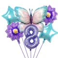 Kit ballons chiffre 8 papillon violet avec fleurs et étoiles pour fête d'anniversaire - Numéro 8