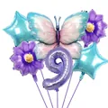 Kit de ballons chiffre 9 violet avec papillon et fleurs pour décoration de fête - Numéro 9