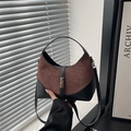 Brown suede and black leather hobo bag with a golden square buckle and adjustable strap - Brown