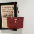 Deep red leopard print large tote bag with deer charm and gold chain strap detailing - Red