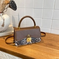 Fashionable leopard print handbag with brown leather flap and golden square buckle - Brown