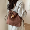Retro brown suede shoulder bag with gold chain strap and baseball leather charm decoration - Coffee With Braided Rope Baseball Charm