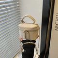 Creamy white mini vanity bag in matte PU leather with gold chain strap for crossbody wear - White