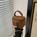 Brown quilted box crossbody bag with gold chain strap and top handle in a compact size - Brown