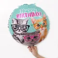 Ballon rond vert menthe de 18 pouces avec chats à lunettes et texte Happy Birthday - Chat avec Lunettes Anniversaire 18 Pouces