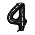 Detail of a 40-inch black number 4 foil balloon with white racing track pattern for parties - Number 4