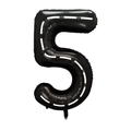 Detailed view of number 5 black foil balloon with white road racing stripe patterns - Number 5