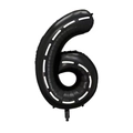 Detail of 40 inch black racing theme foil balloon number 6 with white track stripes - Number 6