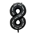 Detail of black 40-inch foil number 8 balloon with white racing track pattern for party - Number 8