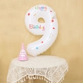 White number 9 foil balloon with Happy Birthday graphics for birthday party decorations - Number 9 (With Sticker)