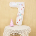 Detail of white number 7 birthday balloon with colorful stars and a pink party hat - Number 7 (With Sticker)