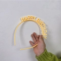 Yellow Happy Birthday headband with decorative text and anti-slip teeth for parties - Yellow