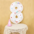 Detail of white number 8 balloon with Happy Birthday print and party accessories - Number 8 (With Sticker)