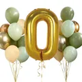 40 Zoll goldene Zahl 0 Luftballon Set mit avocado-grünen und cremefarbenen Ballons - Nummer 0 Set