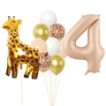 Dettaglio set compleanno giungla con palloncino giraffa e palloncino champagne numero 4 - Numero 4 Oro Giraffa Combinazione