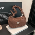 Borsa sottobraccio leopardata marrone con manico increspato e fibbia a farfalla d'argento - Marrone
