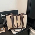 Sac fourre-tout chic en toile beige avec bordure en cuir marron et fermoir doré - Marron