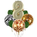 Animal print birthday balloon set with cream number 8 and jungle safari theme leaves - Number 8
