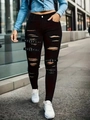 Details einer schwarzen Skinny-Jeans mit großen Rissen und Akzenten aus Metallschnallen - S / Schwarz