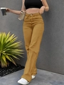 Detail einer hohen ingwergelben Wide-Leg-Jeans mit Metallknopf und Seitentaschen - S / Camel