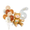 Brown bear birthday balloon set with number 6 balloon and earth-toned latex balloons - Number 6 Style (TZK-0687)