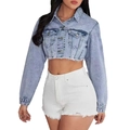 Giacca di denim corta azzurra da donna con orlo a vivo e shorts bianchi strappati - S / Azzurro
