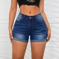 Pantaloncini di jeans a vita alta blu scuro da donna con orlo arrotolato e lavaggio baffi - 2XL / Blu