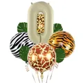 Jungle theme party set with cream number 0 and animal print foil balloons and leaves - Number 0