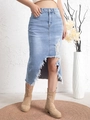 Retro light blue high-waisted denim midi skirt with asymmetric distressed frayed hem - S / Blue