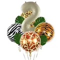 Jungle theme animal print party balloons with large cream number 2 and gold ribbons - Number 2