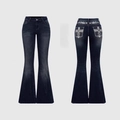 Detail of white cross embroidery on back pockets of dark blue flared denim jeans - Dark Blue