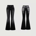 Detailed views of black flare jeans with white contrast stitching and cross embroidery - Black