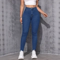 Vaqueros pitillo de talle alto azul oscuro para mujer con ajuste ceñido y cinco bolsillos - 2XL / Azul oscuro