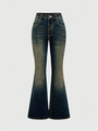 Dunkelblaue Schlagjeans mit hoher Taille, Vintage-Waschung und klassischem 5-Pocket-Stil - S / Vintage-Blau