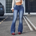 Dunkelblaue Stretch-Schlagjeans für Damen mit Retro-Waschung und schmaler Passform - S / Dunkelblau