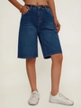 Classic deep blue washed denim shorts for women with five pockets and a stylish black belt - S / Dark Blue